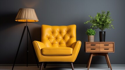 Armchair and coffee table with lamp near wall.