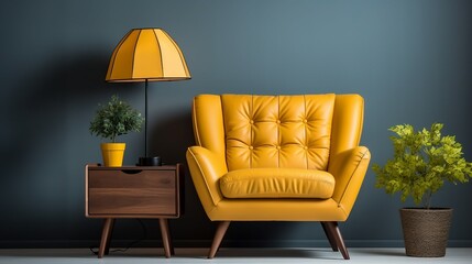 Armchair and coffee table with lamp near wall.