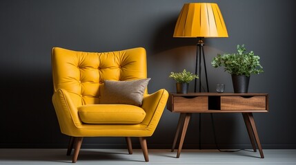 Armchair and coffee table with lamp near wall.