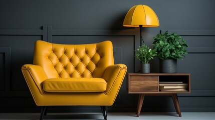 Armchair and coffee table with lamp near wall.