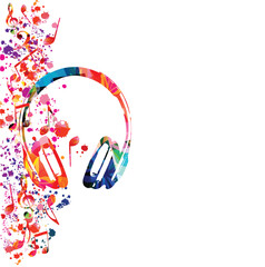 Colorful creative headphones isolated. Earphones with blots and splatter vector. Gadget and technology concept. Listening music, leisure and entertainment time. Design for concert, party and events