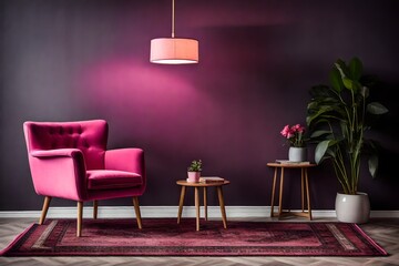 purple couch with lamp Real photo of a  ai generated pink armchair standing on a rug and under a lamp in spacious living room interior, next to a table