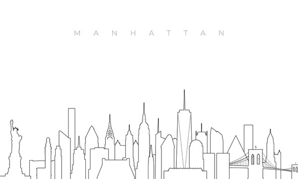 Outline Manhattan skyline. Trendy template with Manhattan NYC buildings and landmarks in line style. Stock vector design.