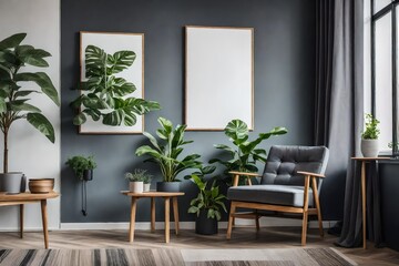 Grey armchair next to a wooden table in living room interior with plant and poster' ai generated