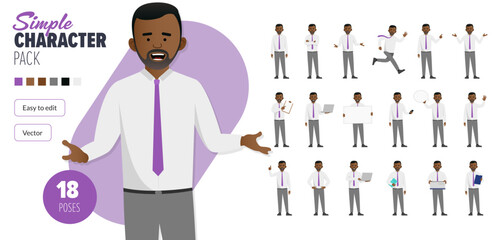 Simple flat male businessman vector character in a set of multiple poses. Easy to edit and isolated on a white background. Modern trendy style character mega pack with lots of poses.