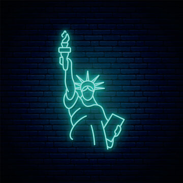 Bright light banner with Statue of Liberty in neon style. Famous New York landmark. Neon signboard. Vector illustration.
