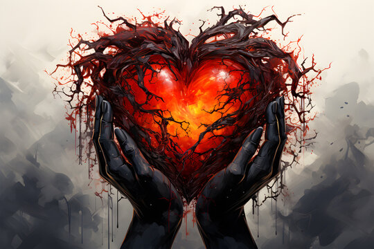 hand-drawn conceptual illustration of a rosehip heart with stems and thorns in the hands of a witch