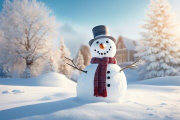 Obraz premium Snowman in stylish hat and Scalf on snowy field. Merry Christmas and happy New Year theme and Blue sky on background
