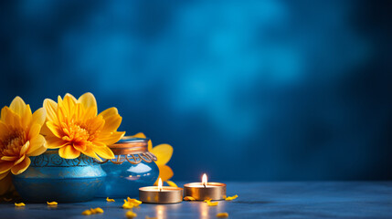 Happy Diwali. Diya oil lamps and yellow flowers on blue background - obrazy, fototapety, plakaty