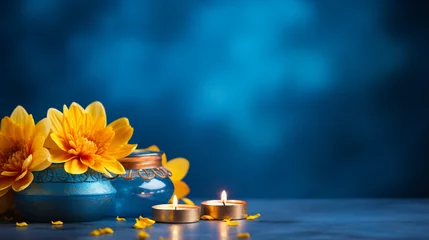 Gartenposter Happy Diwali. Diya oil lamps and yellow flowers on blue background © UsamaR