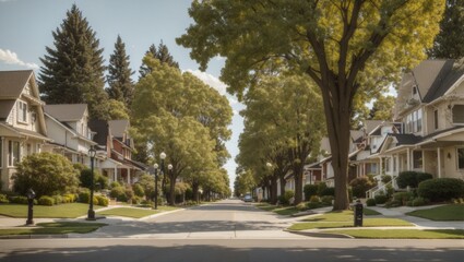 Fototapeta na wymiar A suburban street with treelined sidewalks