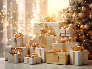 A large mountain of New Year's gifts stands in a bright room against the background of a New Year tree and garland lights. Golden Christmas gifts with bows under the Christmas tree.