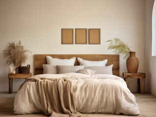 Sustainable/ Eco-friendly Design: A bedroom adorned with organic linen bedding in muted, natural hues. The walls are painted using VOC-free paints, and a reclaimed wooden headboard adds rustic charm