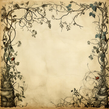 vintage old paper frame with vines and designs, in the style of decorative lines