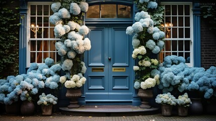 blue front door of house in large house with flowers in pots.