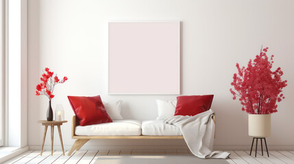 Modern Living Room Blank Poster Frame Mockup with Flowers. Contemporary Feminine Boho Living Room. Poster Frame Mock Up With Pink Accents. Generative AI