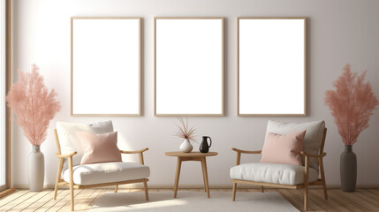 Blank Poster Frame Mockup and Boho Elements. Contemporary Scandinavian Interior With Flowers. Poster Frame Mock Up With Pink Accents. Generative AI