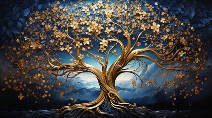 3d modern art mural wallpaper with blue night landscape with dark mountains, giant golden tree and gold waves
