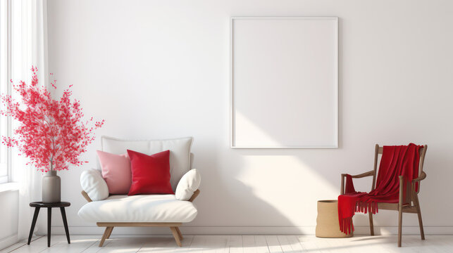 Scandinavian Room with Blank Poster Frame Mockup and Boho Accents. Contemporary Living Room And Interior. Poster Frame Mock Up With Pink Accents. Generative AI