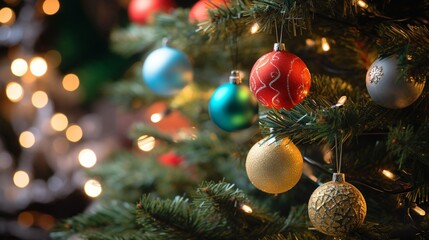 Obraz na płótnie Canvas Close Up Realistic Christmas Tree with Abundant Decorations. Festive Holiday Charm 