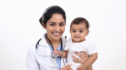 Female pediatricians with little child on white background.
