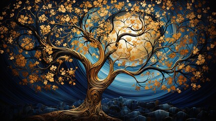 3d modern art mural wallpaper with night landscape with dark blue Jungle, moonlight background with stars and moon, golden tree and gold waves. for use as a frame on walls 

