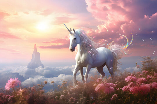 The Magic unicorn in fantastic world with fluffy clouds and fairy meadows