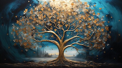 3d modern art mural wallpaper with night landscape with dark blue Jungle, moonlight background with stars and moon, golden tree and gold waves. for use as a frame on walls  