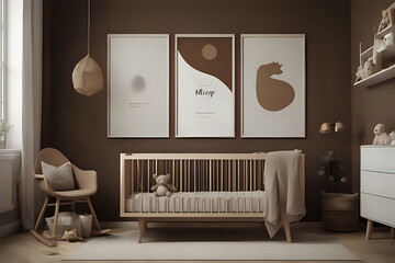 Stylish scandinavian newborn baby room with brown wooden mock up poster frame in cinematic scenes