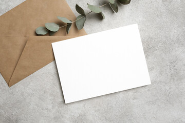 Botanical invitation or greeting card mockup with envelope, blank card mock up with copy space