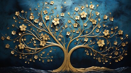 Tree of Life Artwork. Golden abstract tree on blue canvas, dark blue night shower by moonlight
