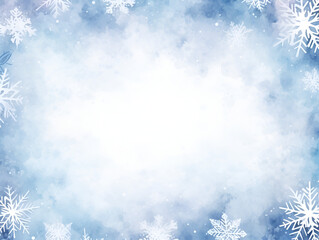 Blue watercolor snowflakes frame background with copy space inside 