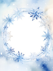 Round blue watercolor snowflakes frame background with white copy space inside 