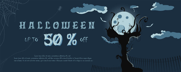 Halloween night traditional Sales Promotion Poster. Dark sky and spiders on a blue Moon background design vector illustration.