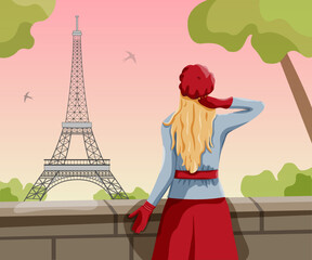 Color vector illustration of a girl in the red beret admiring the Eiffel Tower in Paris. Flat style, idea for poster, card