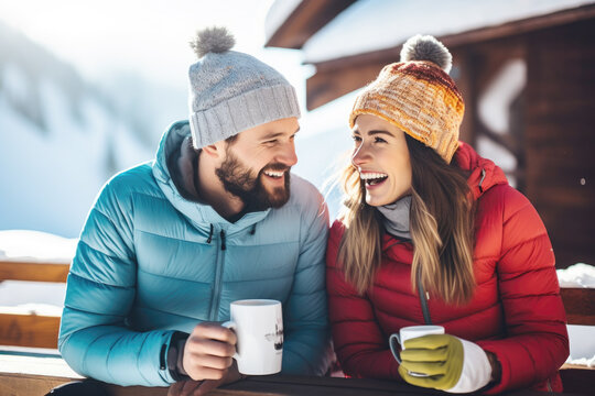 Happy young couple having fun and drinking hoot tea at ski resort , winter holiday concept