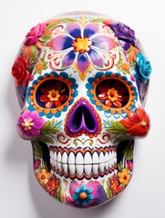 Photo of a vibrant sugar skull adorned with colourful flowers created with Generative AI technology
