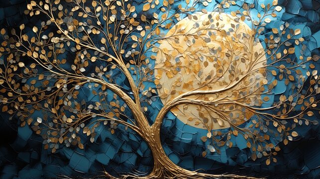 Sacred tree of life symbol abstract decoration crafted from wood. Blue Night moonlight shower. Postproducted digital illustration. 
