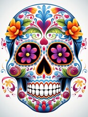 Photo of a vibrant sugar skull adorned with colourful flowers created with Generative AI technology
