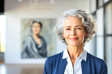 Shot of a smiling mature woman in an art gallery with a painting in the background, portrait of a senior person
