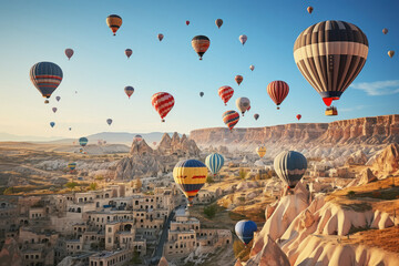 Panoramic view with Colorful hot air balloons fly in sky