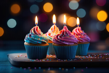 Cupcake with burning candle birthday party concept. - obrazy, fototapety, plakaty