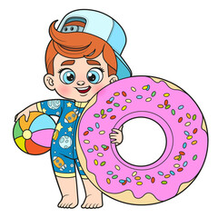Cute cartoon boy in a swimsuit  with donut inflatable ring for swimming color variation on white background