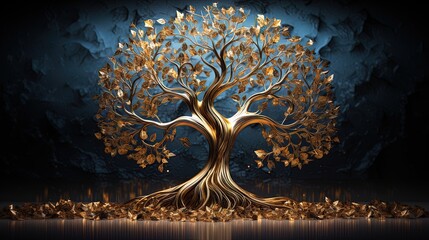 Golden trees of life on abstract blue canvas showered by moonlight
 - obrazy, fototapety, plakaty