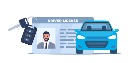 Car driver license identification with photo, keys and car. Vector illustration. - obrazy, fototapety, plakaty