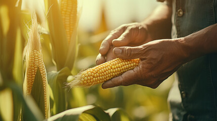 male Checking corn cob at agriculture field.