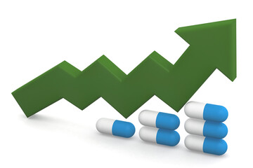 Green arrow pointing up with medical pills