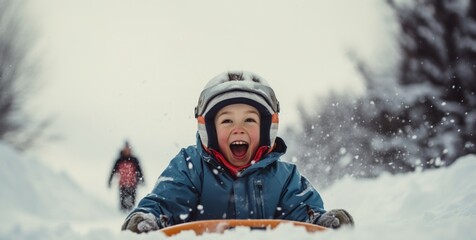 A satisfied child rides a sled with pleasure. Generative AI - obrazy, fototapety, plakaty