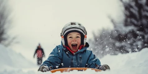 Fotobehang A satisfied child rides a sled with pleasure. Generative AI © ColdFire