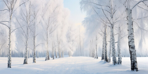 Obraz premium Painting of a winter landscape with snowy birch trees in the park